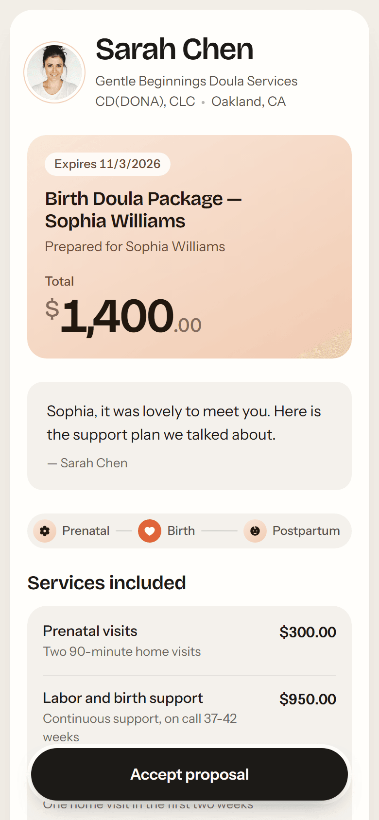 A sample proposal on a phone: a birth doula package prepared for a sample client, from her doula’s practice.