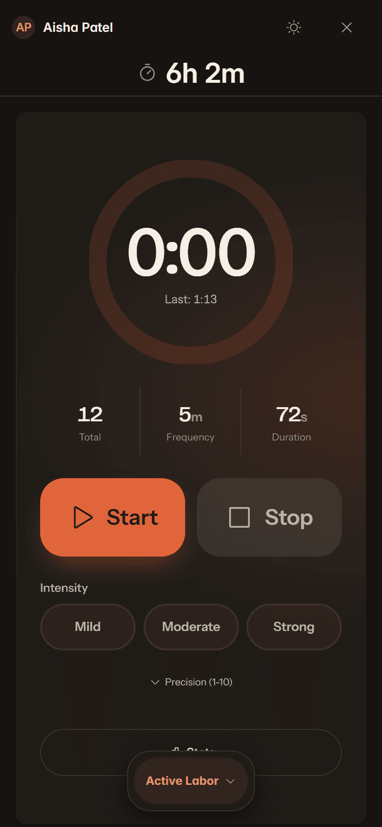Labor mode on a phone: the contraction timer, with twelve contractions so far, five minutes apart and 72 seconds long.