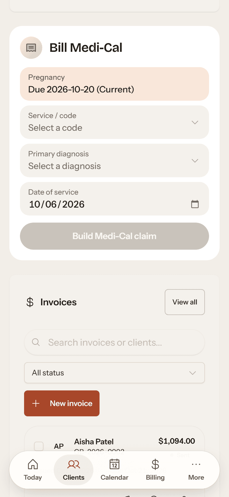 The Bill Medi-Cal card on a phone for a sample client due October 20: a service code, a diagnosis and the date of service, then Build Medi-Cal claim.